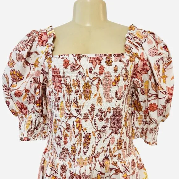 1.STATE REVOLVE Puff Sleeve‎ Smocked Mini Dress Fiesta Floral Batik Orange L - Picture 4 of 11